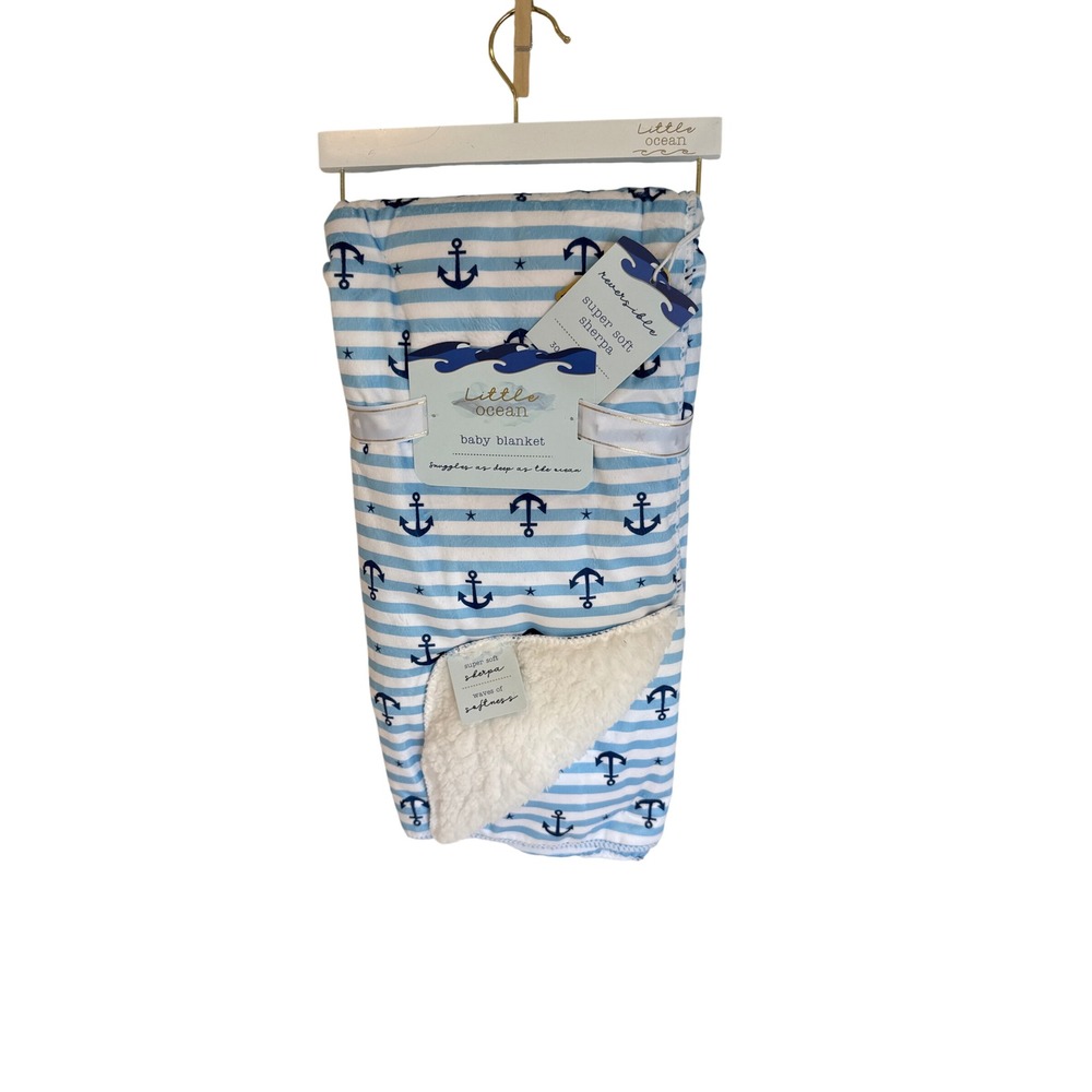 Little Ocean Baby Blanket Reversible Sherpa Nautical Blue White Anchor 30x40 NEW